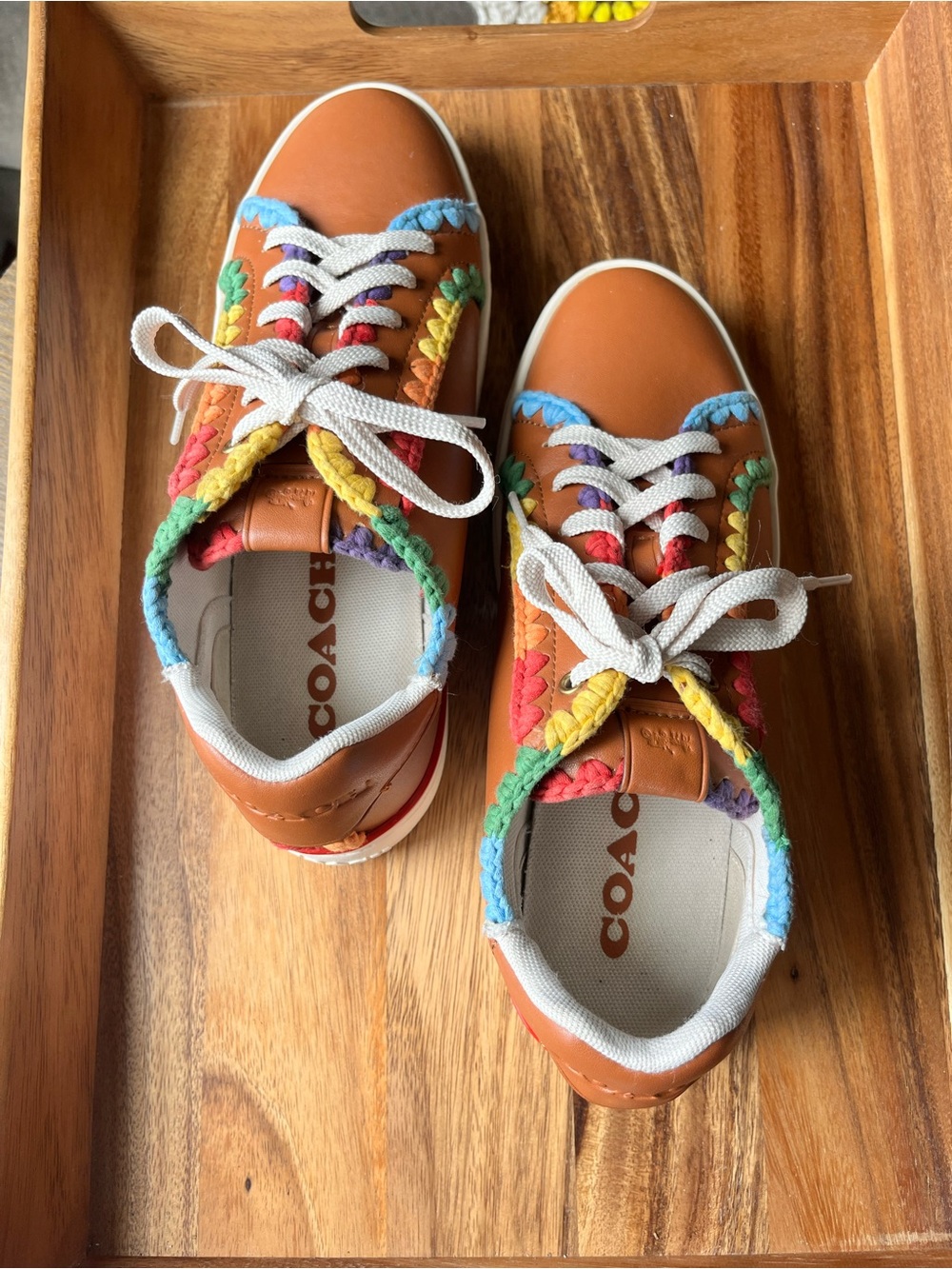 Coach Orange Leather Sneakers with Multicolor Crochet Trim - Picture 6 of 7